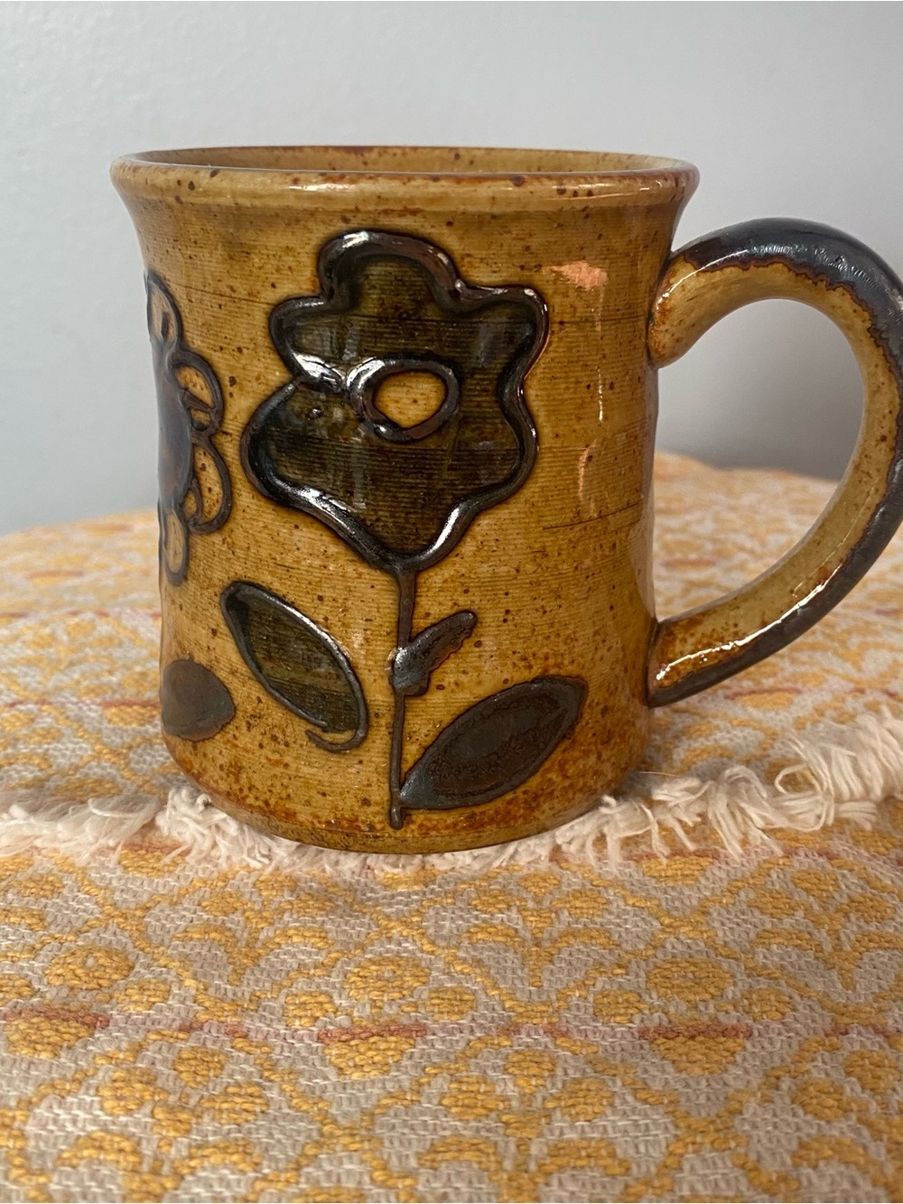 Vintage 70s Otagiri Style Stoneware Mug Speckled Mustard Yellow Floral Boho MCM